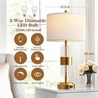 25.5" Table Lamp Set of 2 with USB A+C Ports, Gold Lamp for Living Room with Touch Control, Modern Bedside Nightstand Lamp White Lamp Shade Bedroom Home Office Decor (2700K LED Bulbs Included)