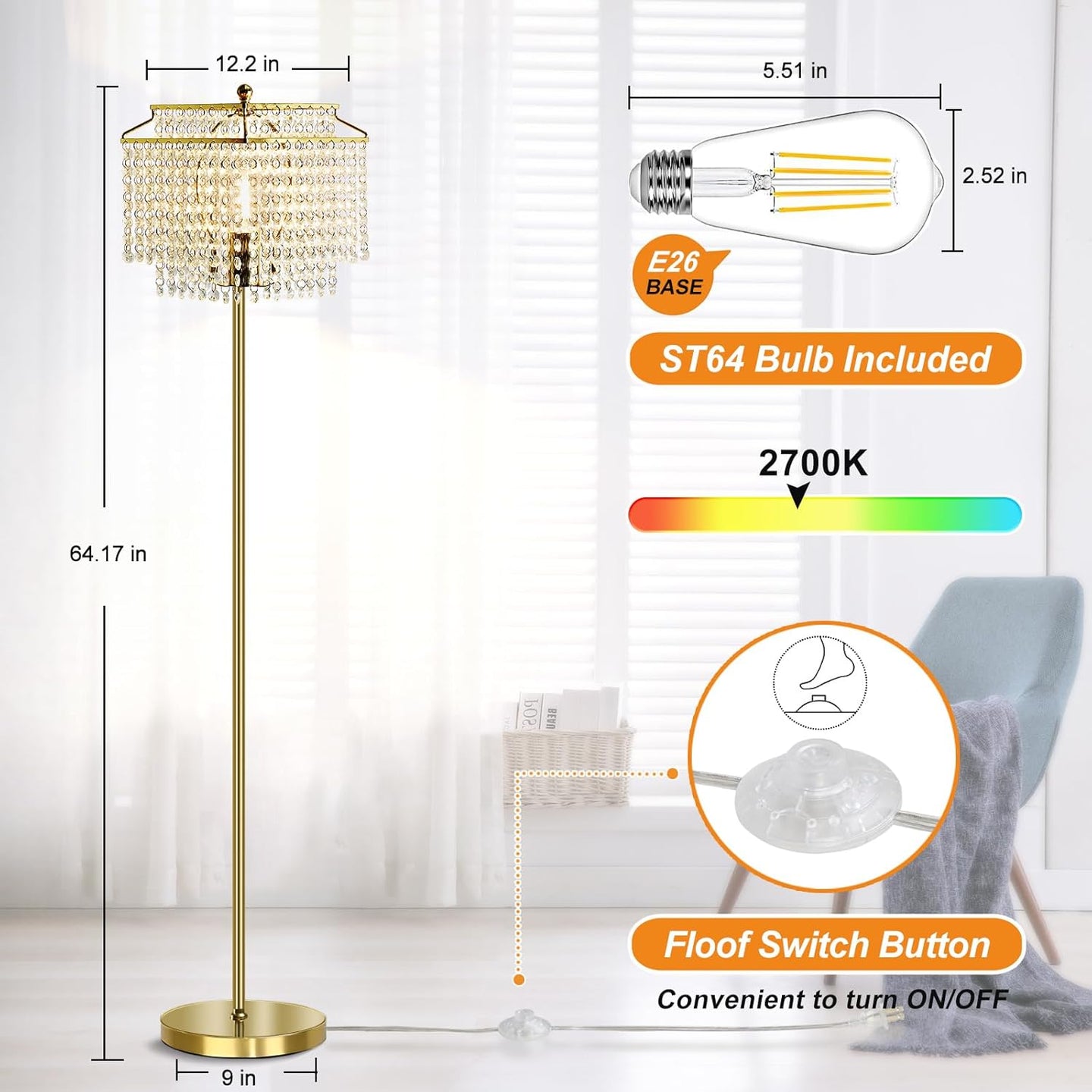 Gold Crystal Floor Lamp, 64" Tall Elegant Standing Lamp with On-Off Foot Switch, Double-Layer Lampshade, Standing Floor Lamps for Living Room, Bedroom, Office, 8W LED Bulb Included