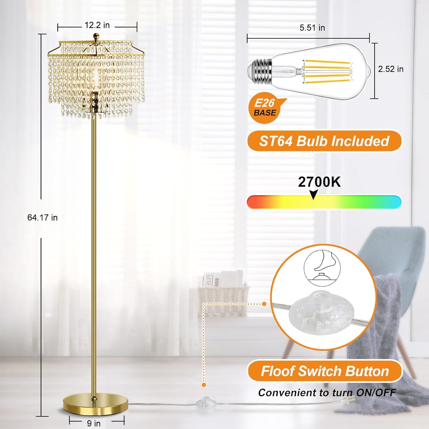 Gold Crystal Floor Lamp, 64" Tall Elegant Standing Lamp with On-Off Foot Switch, Double-Layer Lampshade, Standing Floor Lamps for Living Room, Bedroom, Office, 8W LED Bulb Included