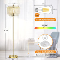 Gold Crystal Floor Lamp, 64" Tall Elegant Standing Lamp with On-Off Foot Switch, Double-Layer Lampshade, Standing Floor Lamps for Living Room, Bedroom, Office, 8W LED Bulb Included