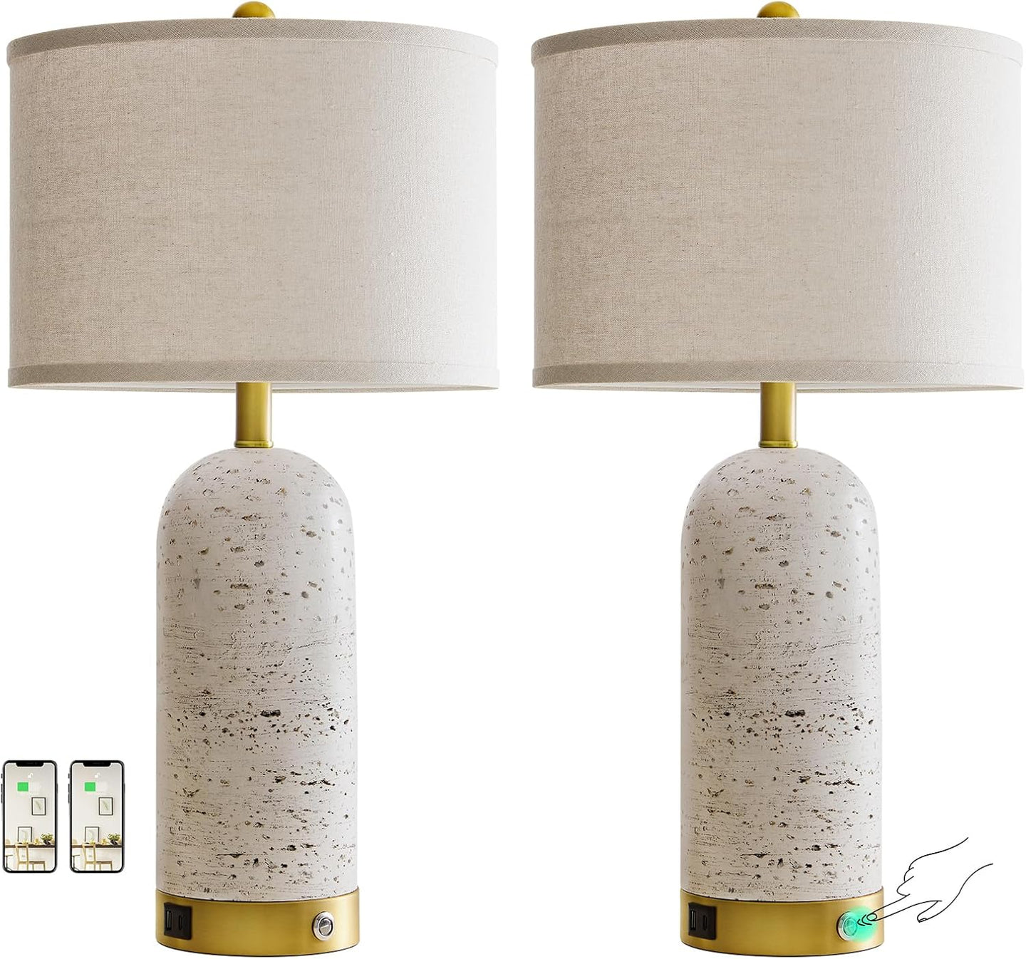 25" Set of 2 Touch Rustic Table Lamps for Living Room, Resin Stone Travertine Nightstand Modern Lamps with 3-Way Dimmable and USB A+C Ports for Bedroom Entryway, 2 LED Bulbs Included