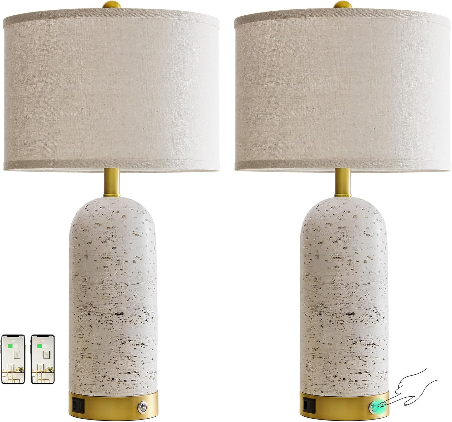 25" Set of 2 Touch Rustic Table Lamps for Living Room, Resin Stone Travertine Nightstand Modern Lamps with 3-Way Dimmable and USB A+C Ports for Bedroom Entryway, 2 LED Bulbs Included
