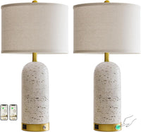 25" Set of 2 Touch Rustic Table Lamps for Living Room, Resin Stone Travertine Nightstand Modern Lamps with 3-Way Dimmable and USB A+C Ports for Bedroom Entryway, 2 LED Bulbs Included