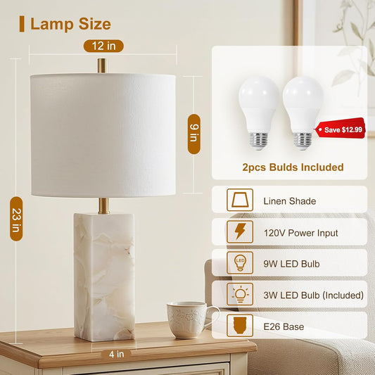 Alabaster Table Lamp Set of 2 with Night Light for Bedroom Living Room, 23" Rotary Switch Bedside Lamp with Linen Shade, Modern Nightstand Lamps for Room Office Dorm (Bulb Included)