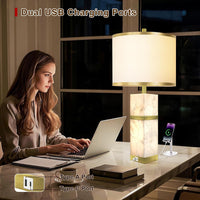 Natural Alabaster Table Lamps Set of 2 - Table Lamp with Night Light for Bedroom,Nightstand Lamps with USB Ports,Bedside Lamps with Linen Fabric Shade for Living Room,Bedroom,Office,Bar(Bulb Included)