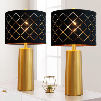 compare product Set of 2 Modern Table Lamps for Living Room Bedroom, Gold Nightstand Resin Lamps with Black Grid Shade, Contemporary Desk Lamps for Bedside End Tables, 2 Bulbs Included (Gold)