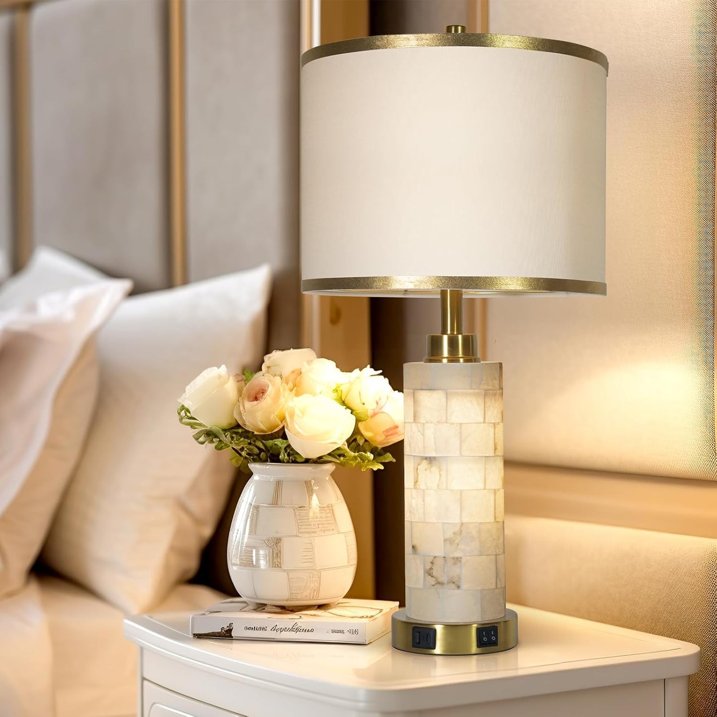 27" Alabaster Table Lamps Set of 2, Lamps for Living Room Bedroom,Bedside Lamps with Night Light,Nightstand Lamp with USB A+C Ports,Modern Table Lamp with Linen Shade (Bulbs Included)