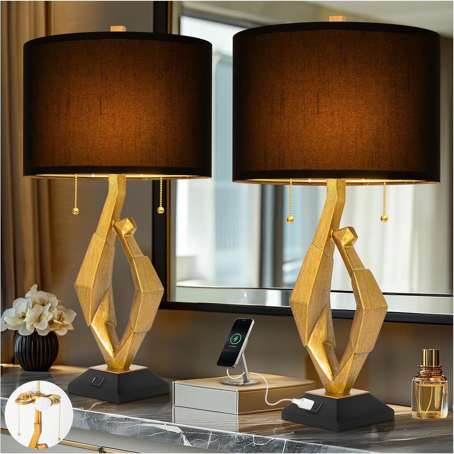 Sculptural Table Lamp Set of 2 with USB Ports for Bedroom Living Room, 26” Gold Leaf Marble Base Bedside Lamps, Pull Chains Switch Modern Nightstand Lamp for Home Room Decor (Bulbs Included)