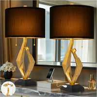 Sculptural Table Lamp Set of 2 with USB Ports for Bedroom Living Room, 26” Gold Leaf Marble Base Bedside Lamps, Pull Chains Switch Modern Nightstand Lamp for Home Room Decor (Bulbs Included)