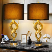 Sculptural Table Lamp Set of 2 with USB Ports for Bedroom Living Room, 26” Gold Leaf Marble Base Bedside Lamps, Pull Chains Switch Modern Nightstand Lamp for Home Room Decor (Bulbs Included)