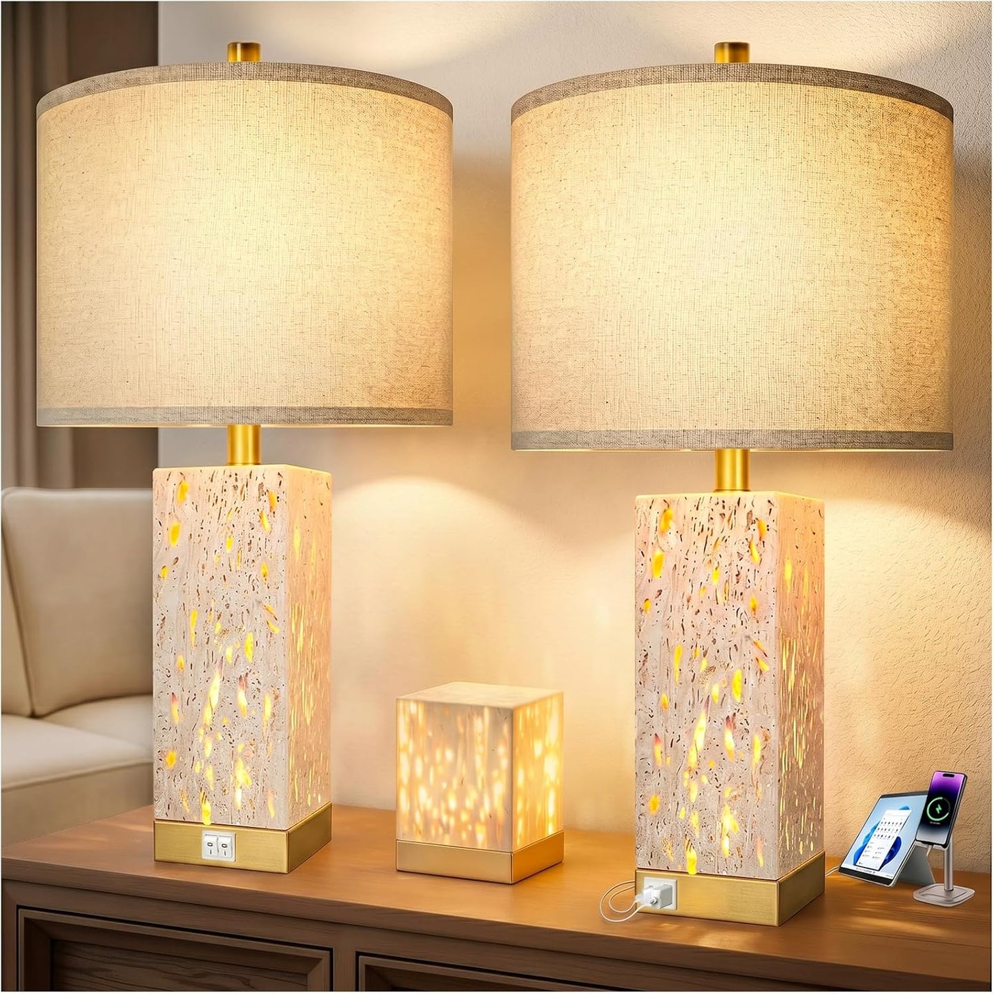 24" Modern Translucent Travertine Table Lamp Set of 2 with Night Light for Living Room,Natural Stone Desk Lamp with USB Ports.Farmhouse Bedside Nightstand Lamp Decor Bedroom Home .Tradition End Lamp
