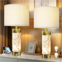 Natural Alabaster Table Lamps Set of 2 - Table Lamp with Night Light for Bedroom,Nightstand Lamps with USB Ports,Bedside Lamps with Linen Fabric Shade for Living Room,Bedroom,Office,Bar(Bulb Included)