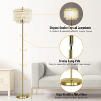 Gold Crystal Floor Lamp, 64" Tall Elegant Standing Lamp with On-Off Foot Switch, Double-Layer Lampshade, Standing Floor Lamps for Living Room, Bedroom, Office, 8W LED Bulb Included