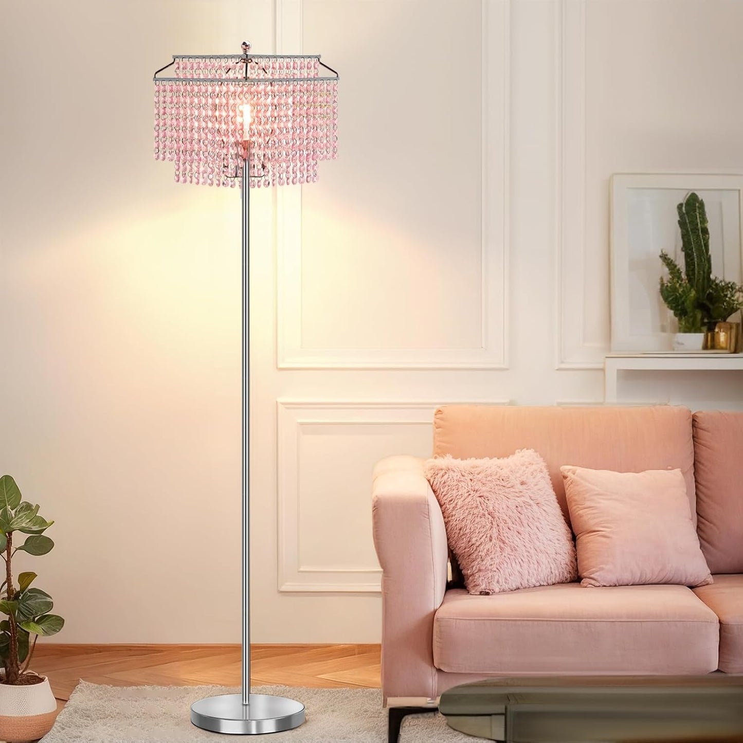 Gold Crystal Floor Lamp, 64" Tall Elegant Standing Lamp with On-Off Foot Switch, Double-Layer Lampshade, Standing Floor Lamps for Living Room, Bedroom, Office, 8W LED Bulb Included