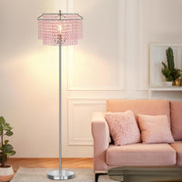 Gold Crystal Floor Lamp, 64" Tall Elegant Standing Lamp with On-Off Foot Switch, Double-Layer Lampshade, Standing Floor Lamps for Living Room, Bedroom, Office, 8W LED Bulb Included