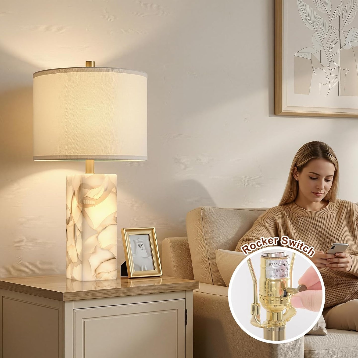 Alabaster Table Lamp Set of 2 with Night Light for Bedroom Living Room, 23" Rotary Switch Bedside Lamp with Linen Shade, Modern Nightstand Lamps for Room Office Dorm (Bulb Included)