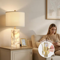 Alabaster Table Lamp Set of 2 with Night Light for Bedroom Living Room, 23" Rotary Switch Bedside Lamp with Linen Shade, Modern Nightstand Lamps for Room Office Dorm (Bulb Included)