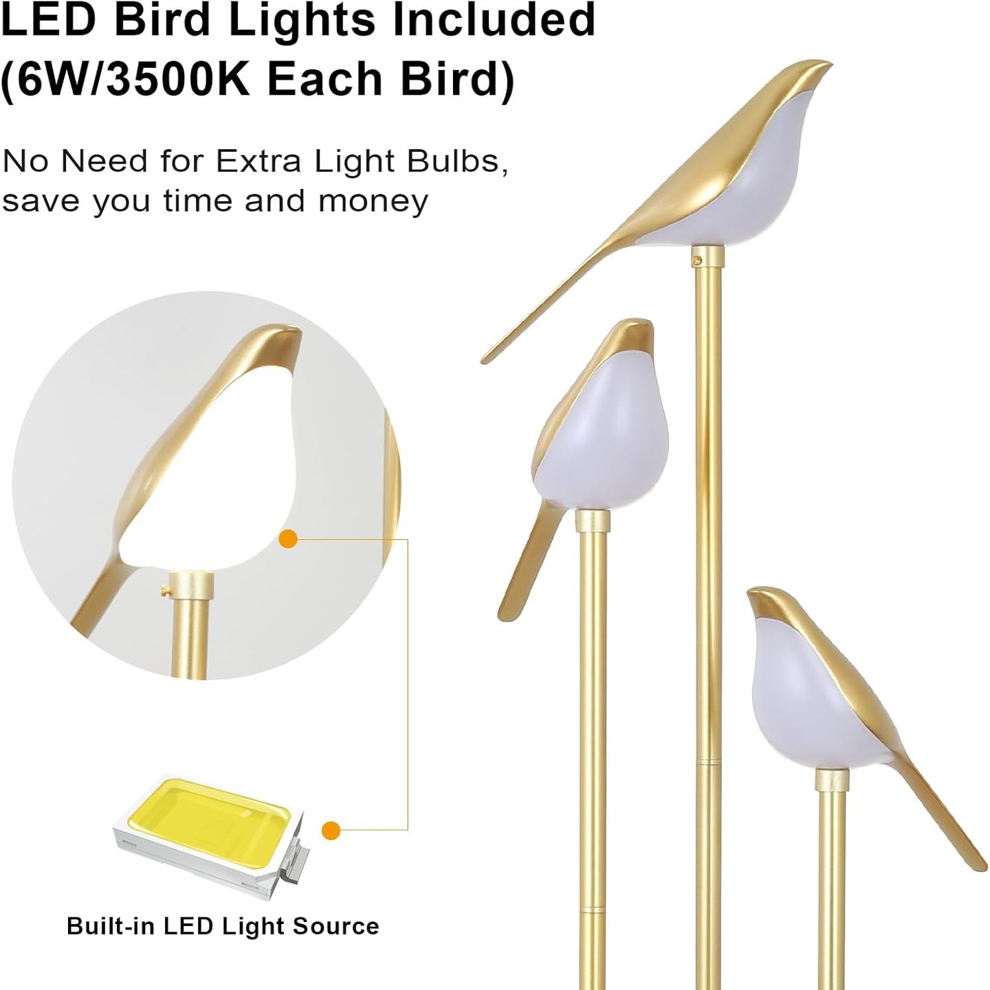 Gold Floor Lamps for Living Room, Modern Floor Lamp with Shelves, Mid Century Standing Lamp with 3 Adjustable LED Bird Lights, Corner Tall Lamp with Table, Brass Stand up Lamp for Bedroom Kids Room