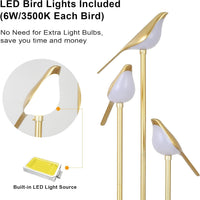 Gold Floor Lamps for Living Room, Modern Floor Lamp with Shelves, Mid Century Standing Lamp with 3 Adjustable LED Bird Lights, Corner Tall Lamp with Table, Brass Stand up Lamp for Bedroom Kids Room