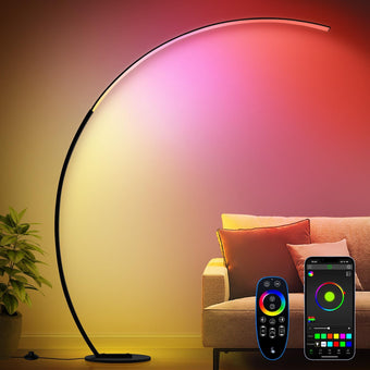 compare product RGB Floor Lamp with 3 Color Temperatures, Ultra Bright 1800LM Smart Arc LED Floor Lamp with Remote Control, Music Sync, Scene Modes, Modern Standing Tall Lamp for Bedroom Living Room Gaming Rooms