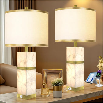 compare product Natural Alabaster Table Lamps Set of 2 - Table Lamp with Night Light for Bedroom,Nightstand Lamps with USB Ports,Bedside Lamps with Linen Fabric Shade for Living Room,Bedroom,Office,Bar(Bulb Included)