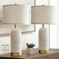 25" Set of 2 Touch Rustic Table Lamps for Living Room, Resin Stone Travertine Nightstand Modern Lamps with 3-Way Dimmable and USB A+C Ports for Bedroom Entryway, 2 LED Bulbs Included