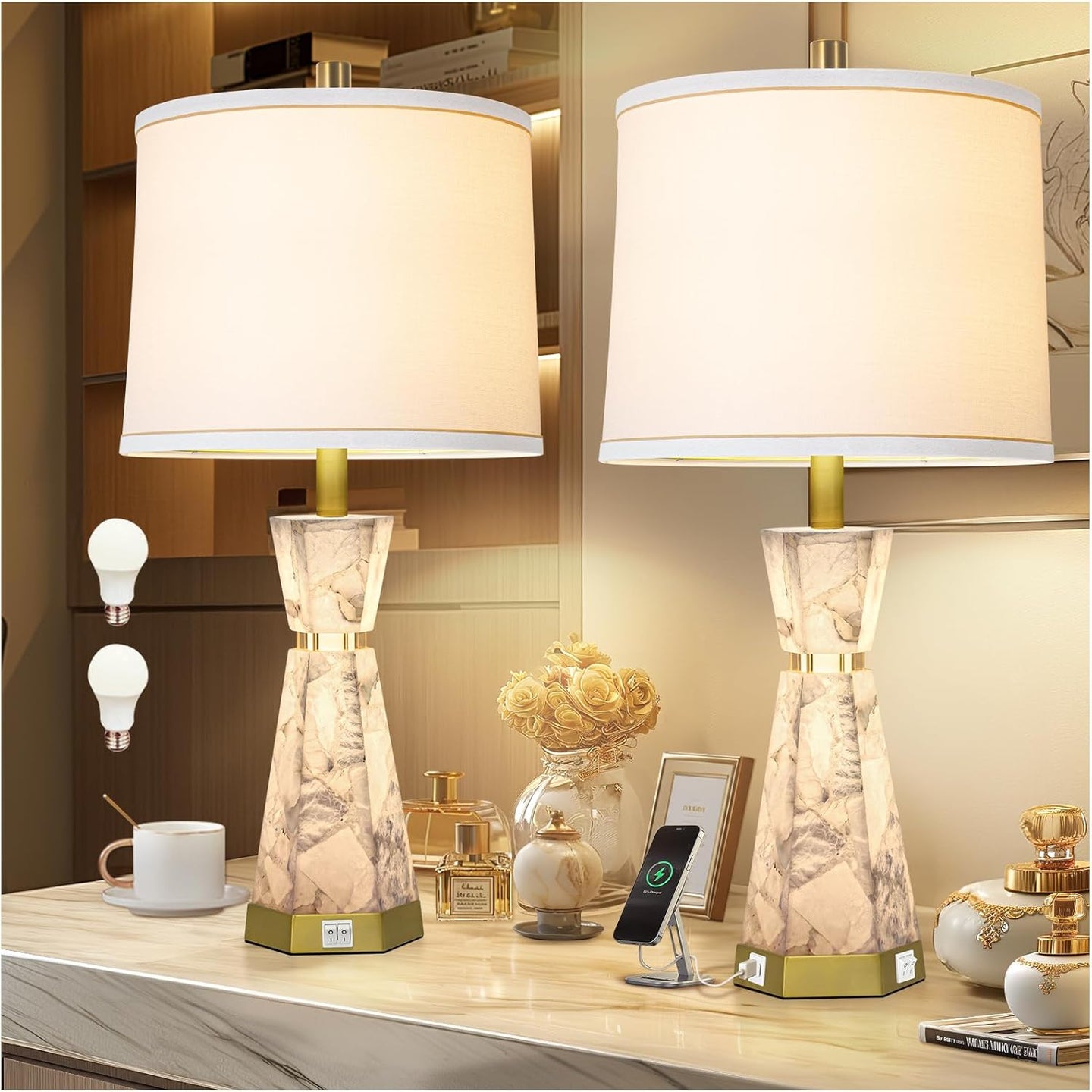 Natural Alabaster Table Lamps Set of 2 - Table Lamp with Night Light for Bedroom,Nightstand Lamps with USB Ports,Bedside Lamps with Linen Fabric Shade for Living Room,Bedroom,Office,Bar(Bulb Included)