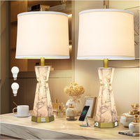 Natural Alabaster Table Lamps Set of 2 - Table Lamp with Night Light for Bedroom,Nightstand Lamps with USB Ports,Bedside Lamps with Linen Fabric Shade for Living Room,Bedroom,Office,Bar(Bulb Included)