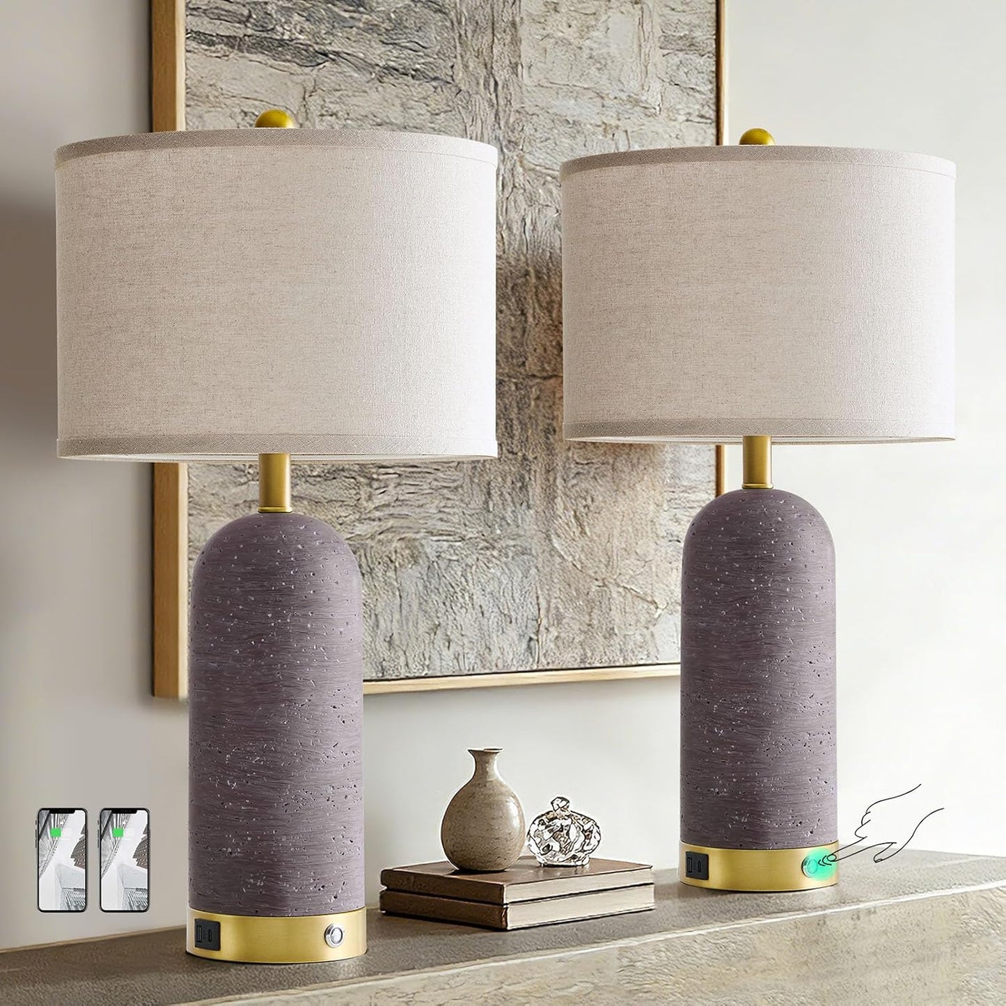 25" Set of 2 Touch Rustic Table Lamps for Living Room, Resin Stone Travertine Nightstand Modern Lamps with 3-Way Dimmable and USB A+C Ports for Bedroom Entryway, 2 LED Bulbs Included