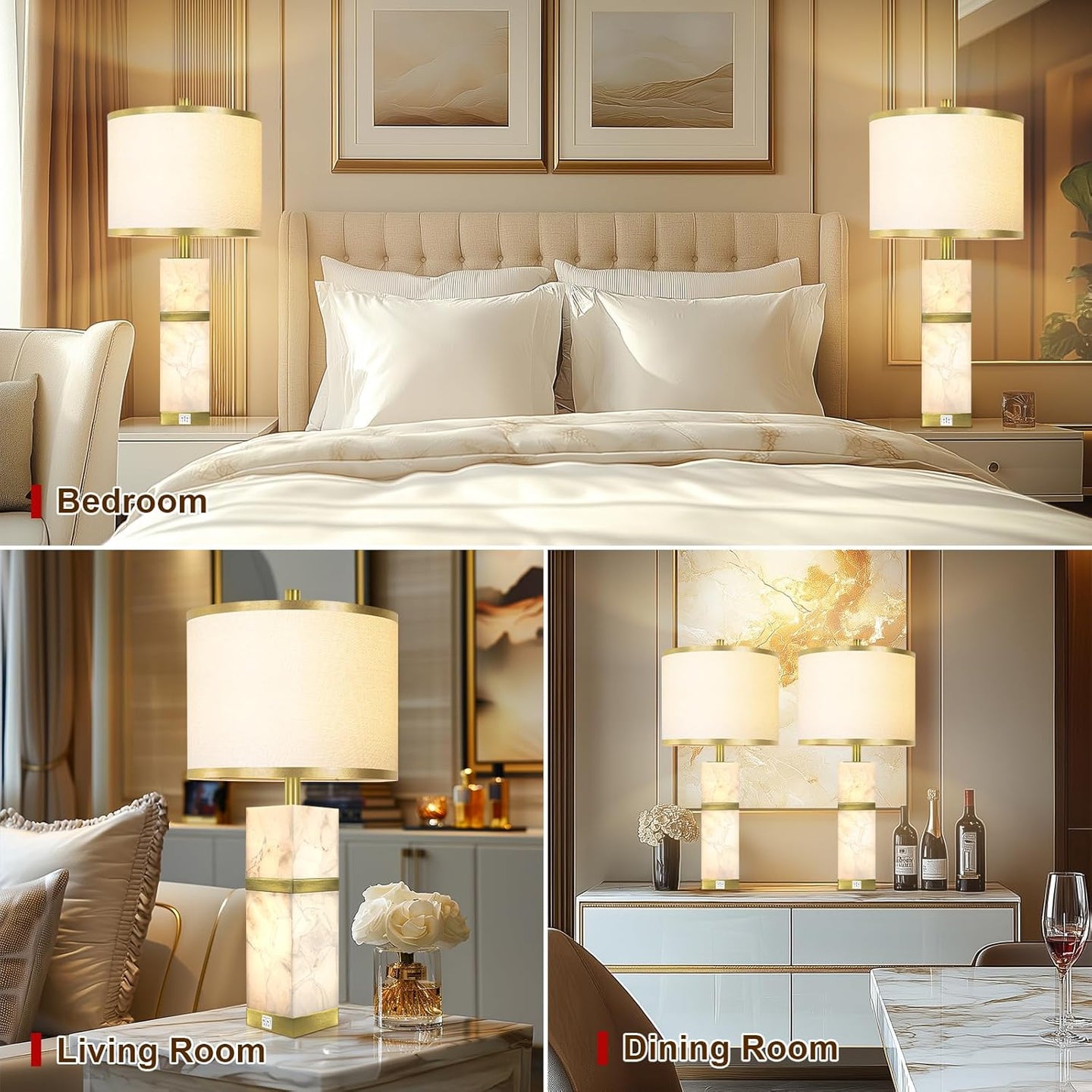 Natural Alabaster Table Lamps Set of 2 - Table Lamp with Night Light for Bedroom,Nightstand Lamps with USB Ports,Bedside Lamps with Linen Fabric Shade for Living Room,Bedroom,Office,Bar(Bulb Included)