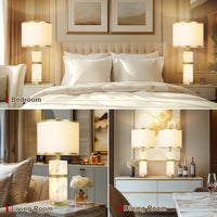 Natural Alabaster Table Lamps Set of 2 - Table Lamp with Night Light for Bedroom,Nightstand Lamps with USB Ports,Bedside Lamps with Linen Fabric Shade for Living Room,Bedroom,Office,Bar(Bulb Included)