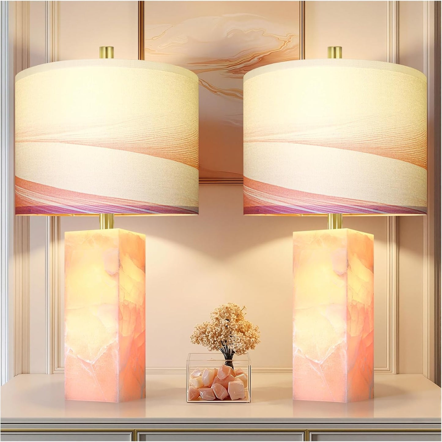 Alabaster Table Lamp Set of 2 with Night Light for Bedroom Living Room, 23" Rotary Switch Bedside Lamp with Linen Shade, Modern Nightstand Lamps for Room Office Dorm (Bulb Included)