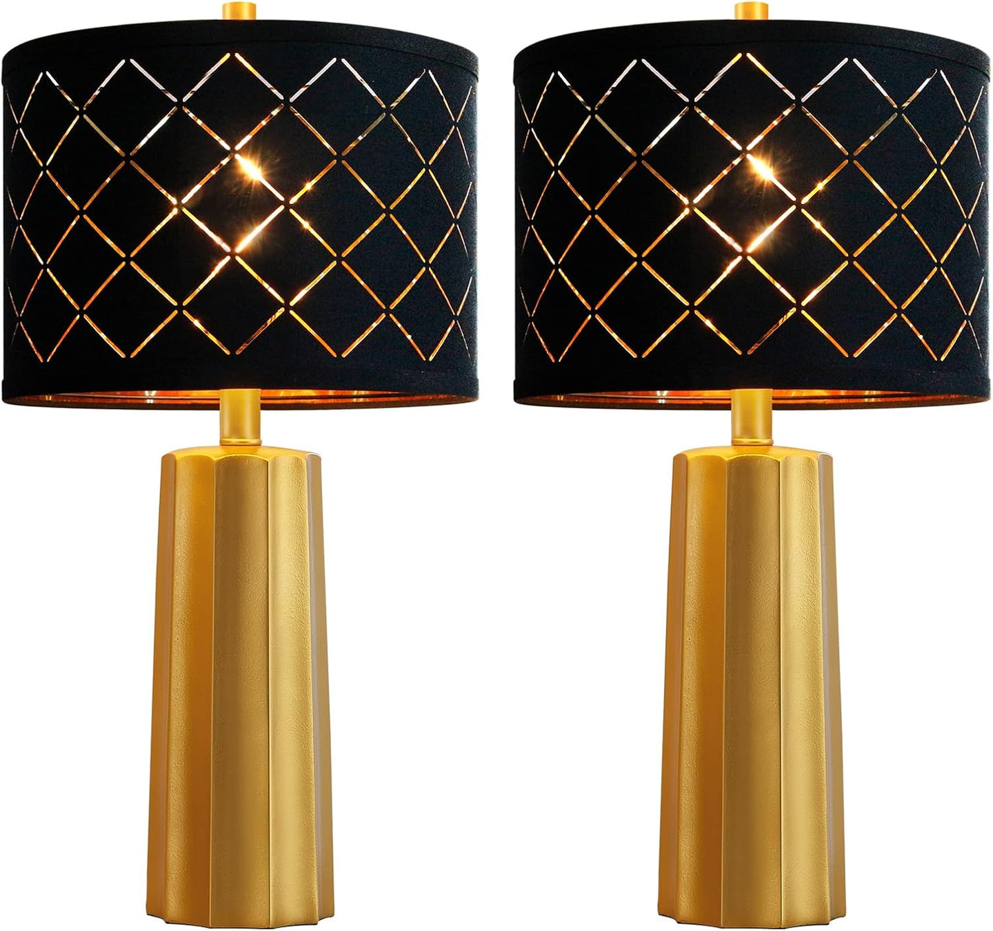 Set of 2 Modern Table Lamps for Living Room Bedroom, Gold Nightstand Resin Lamps with Black Grid Shade, Contemporary Desk Lamps for Bedside End Tables, 2 Bulbs Included (Gold)