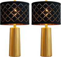 Set of 2 Modern Table Lamps for Living Room Bedroom, Gold Nightstand Resin Lamps with Black Grid Shade, Contemporary Desk Lamps for Bedside End Tables, 2 Bulbs Included (Gold)