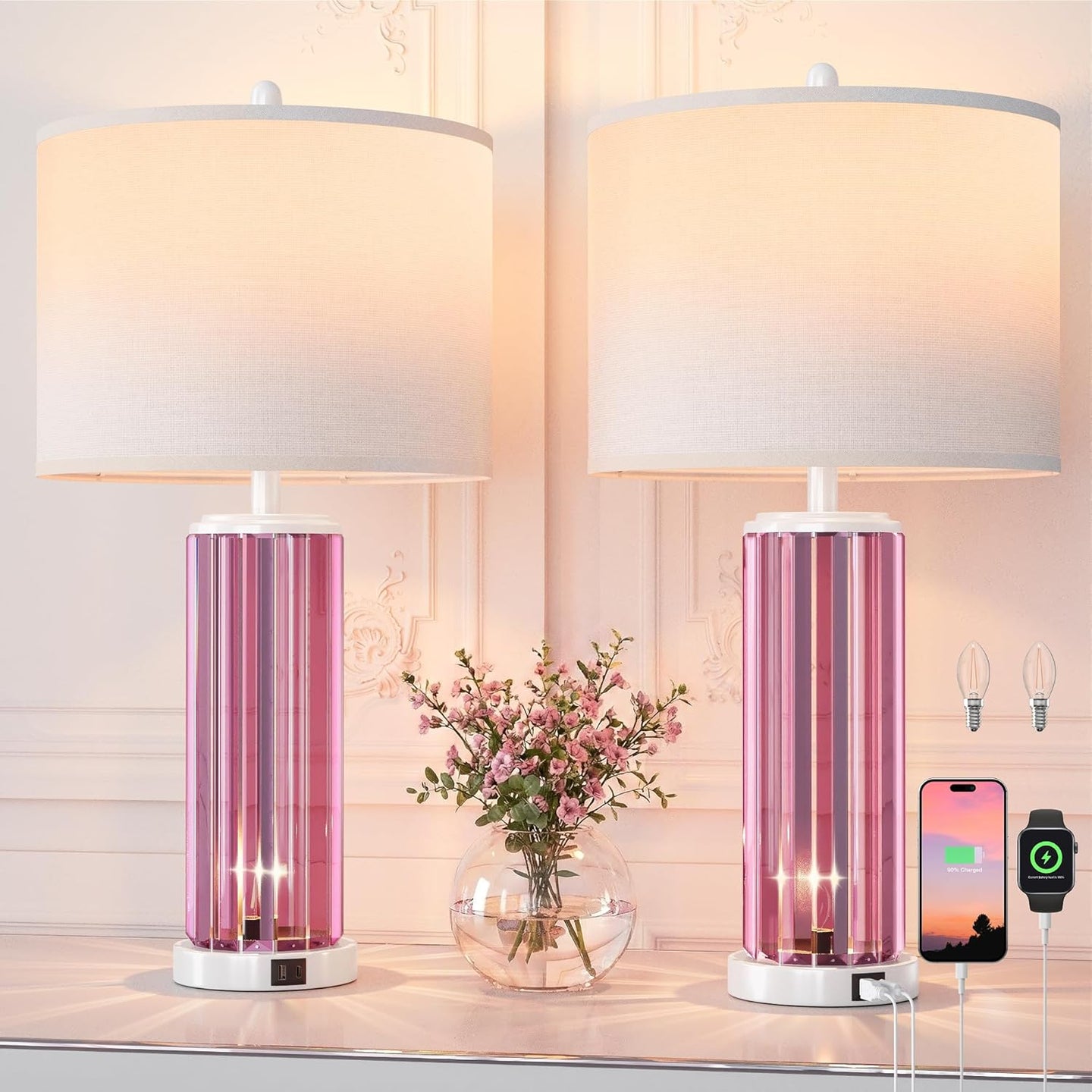 25.5" Table Lamp Set of 2 with USB A+C Ports, Gold Lamp for Living Room with Touch Control, Modern Bedside Nightstand Lamp White Lamp Shade Bedroom Home Office Decor (2700K LED Bulbs Included)