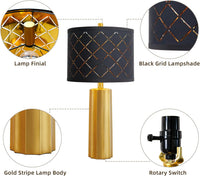 Set of 2 Modern Table Lamps for Living Room Bedroom, Gold Nightstand Resin Lamps with Black Grid Shade, Contemporary Desk Lamps for Bedside End Tables, 2 Bulbs Included (Gold)