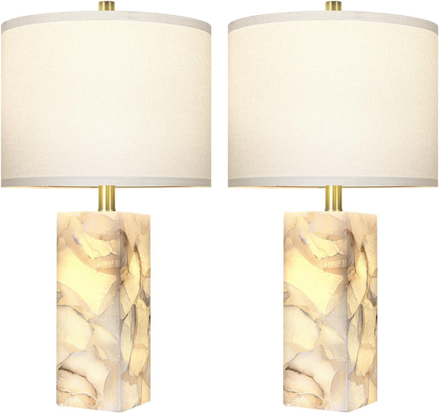 Alabaster Table Lamp Set of 2 with Night Light for Bedroom Living Room, 23" Rotary Switch Bedside Lamp with Linen Shade, Modern Nightstand Lamps for Room Office Dorm (Bulb Included)