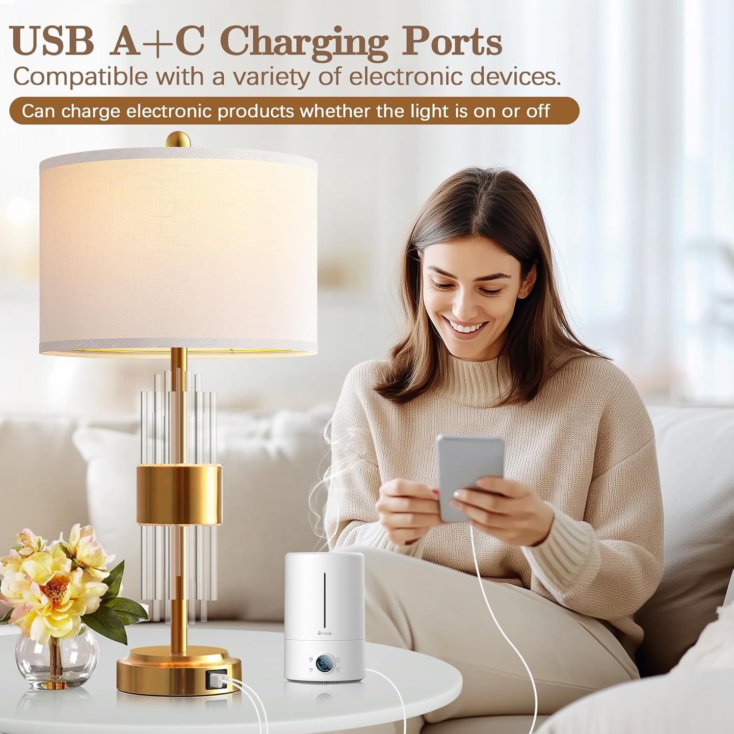 25.5" Table Lamp Set of 2 with USB A+C Ports, Gold Lamp for Living Room with Touch Control, Modern Bedside Nightstand Lamp White Lamp Shade Bedroom Home Office Decor (2700K LED Bulbs Included)