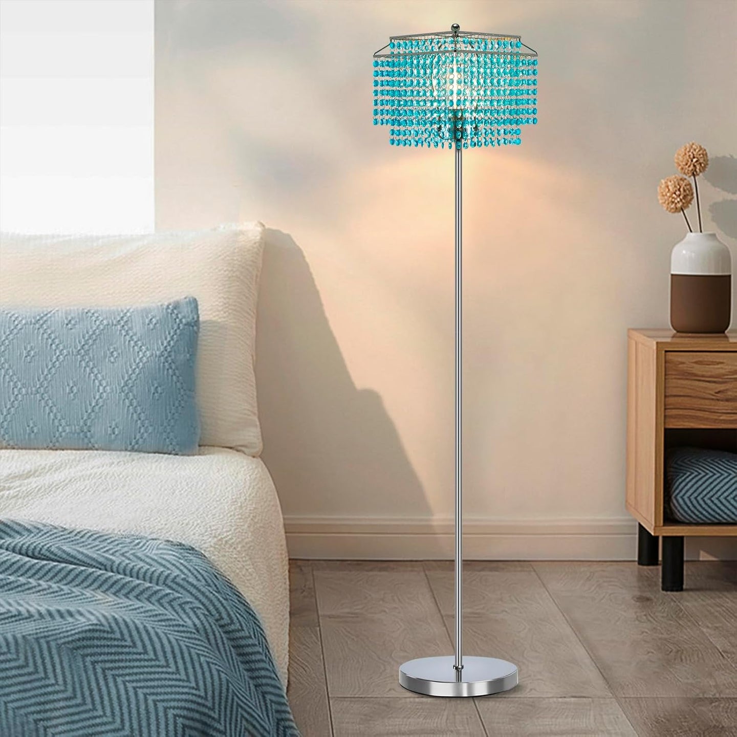 Gold Crystal Floor Lamp, 64" Tall Elegant Standing Lamp with On-Off Foot Switch, Double-Layer Lampshade, Standing Floor Lamps for Living Room, Bedroom, Office, 8W LED Bulb Included