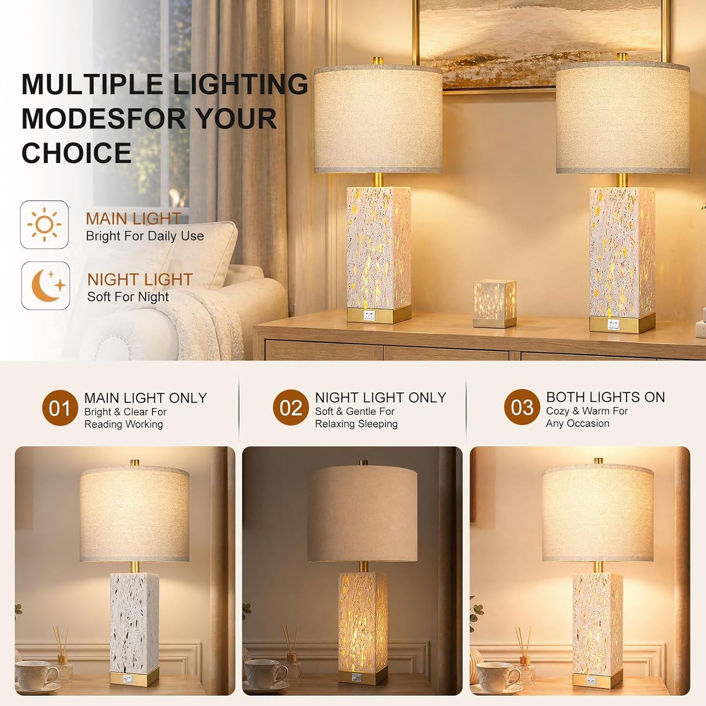 24" Modern Translucent Travertine Table Lamp Set of 2 with Night Light for Living Room,Natural Stone Desk Lamp with USB Ports.Farmhouse Bedside Nightstand Lamp Decor Bedroom Home .Tradition End Lamp