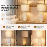 24" Modern Translucent Travertine Table Lamp Set of 2 with Night Light for Living Room,Natural Stone Desk Lamp with USB Ports.Farmhouse Bedside Nightstand Lamp Decor Bedroom Home .Tradition End Lamp