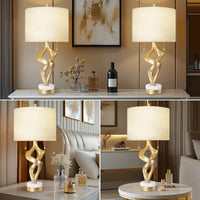 Sculptural Table Lamp Set of 2 with USB Ports for Bedroom Living Room, 26” Gold Leaf Marble Base Bedside Lamps, Pull Chains Switch Modern Nightstand Lamp for Home Room Decor (Bulbs Included)
