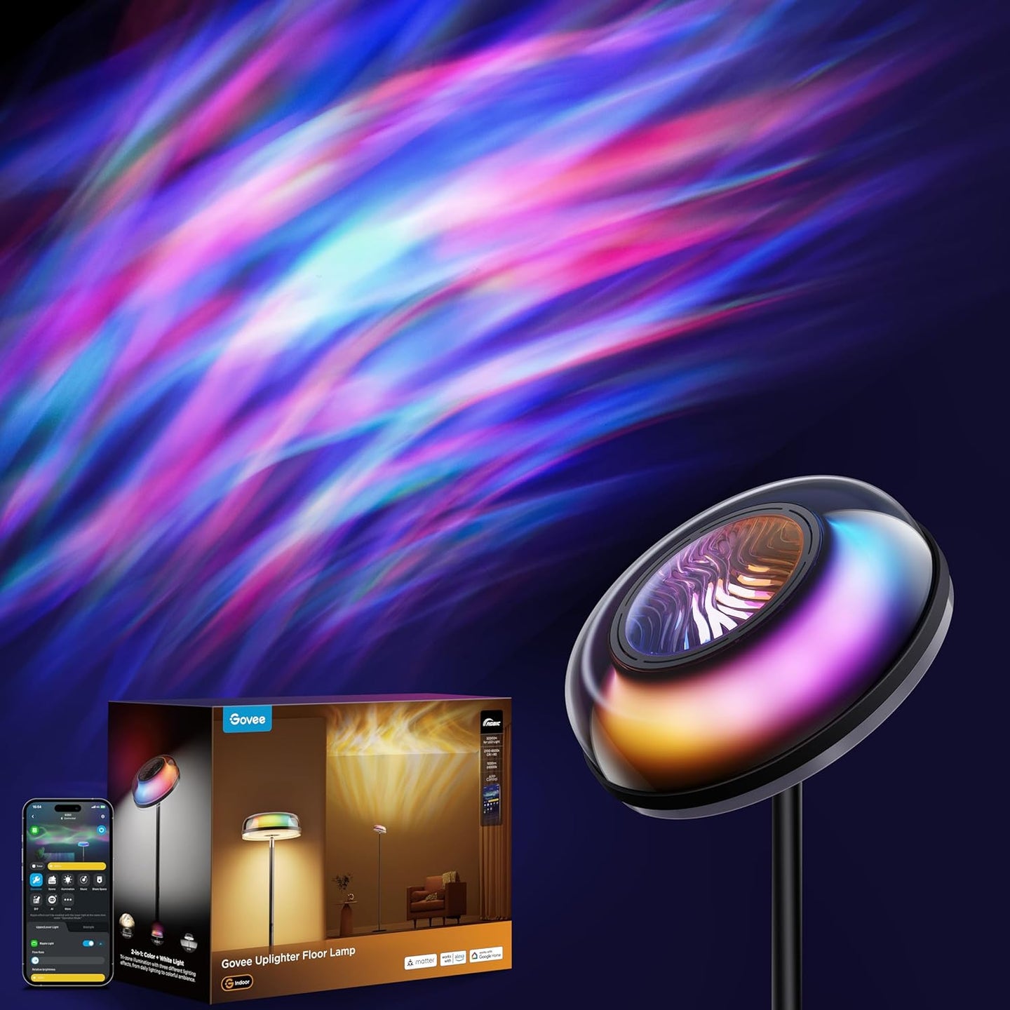 RGBIC Ripple & Nebula Floor Lamp, Smart LED Corner Floor Light with Adjustable Projection Effects, App & Voice Control, Warm and Cool White Standing Lamp for Living Room, Bedroom, Gaming Room
