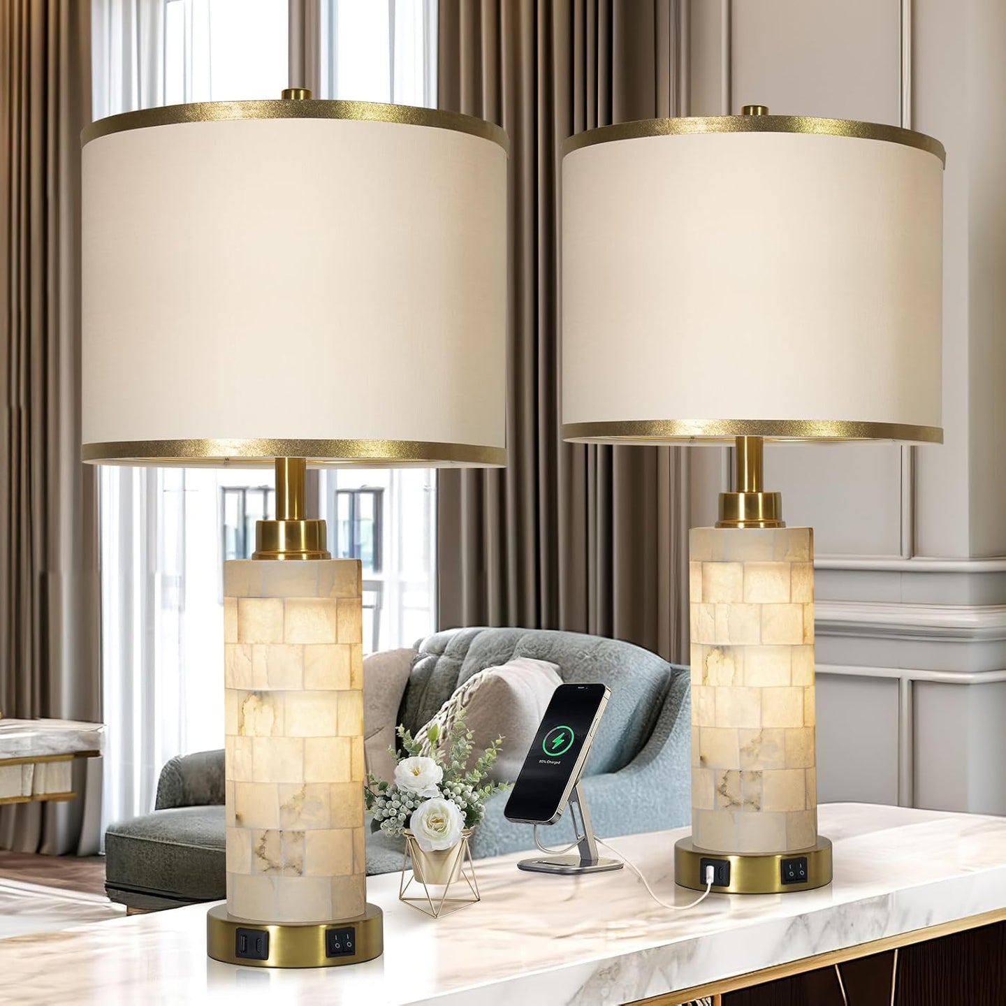27" Alabaster Table Lamps Set of 2, Lamps for Living Room Bedroom,Bedside Lamps with Night Light,Nightstand Lamp with USB A+C Ports,Modern Table Lamp with Linen Shade (Bulbs Included)